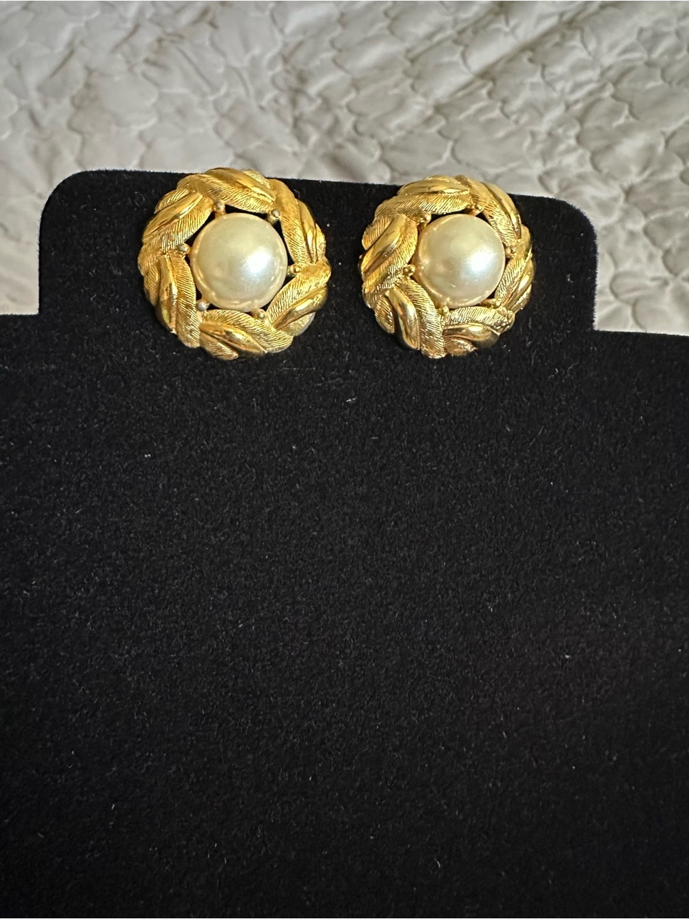 Vintage Signed Napier Gold-Tone Laurel Pearl Button Earrings